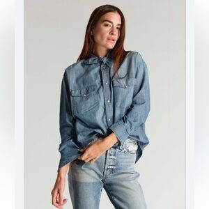 AMO denim button front neck tie blouse size small,nwt